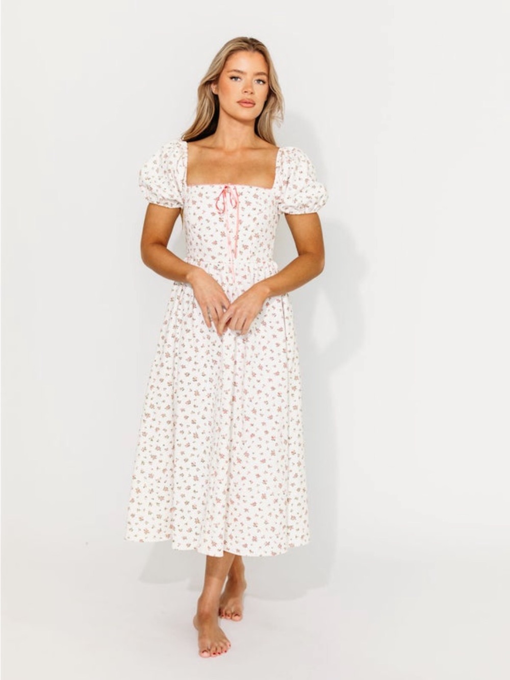 Worth Collective Square Neck White Midi Dress with Pink Floral Detail S NWT